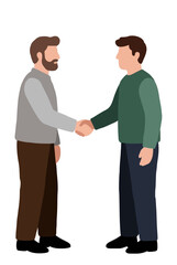 Fototapeta premium Two bearded men in casual sweaters shaking hands in a friendly gesture, flat style hand-drawn vector illustration of agreement, greeting, or partnership between two adult males standing facing each