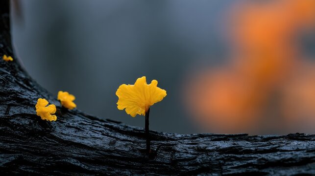 Small yellow fungi sprout from dark, textured wood against a blurred, warm background