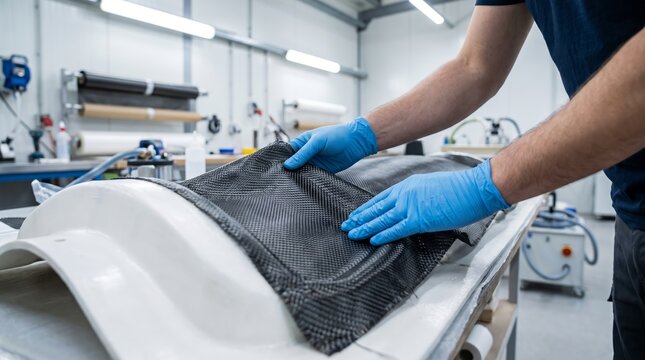 Man technician laying carbon fiber fabric on mold in composite workshop. Advanced material manufacturing for aerospace and automotive production. Industrial engineering technology concept