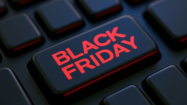 Close-up of a black keyboard key displaying the word 'Black Friday' in red letters, symbolizing promotional sales and significant discounts during the shopping event