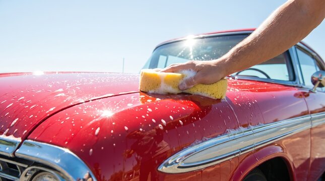 Man washing red vintage car with soapy sponge on hood outdoors. Vehicle cleaning and auto detailing service. Car care maintenance and classic automobile preservation concept