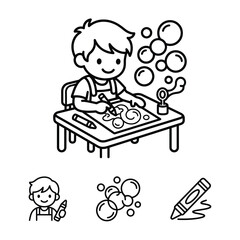 Fototapeta premium Cute Cartoon Boy Drawing Bubbles at Desk, Coloring Page Style Line Art
