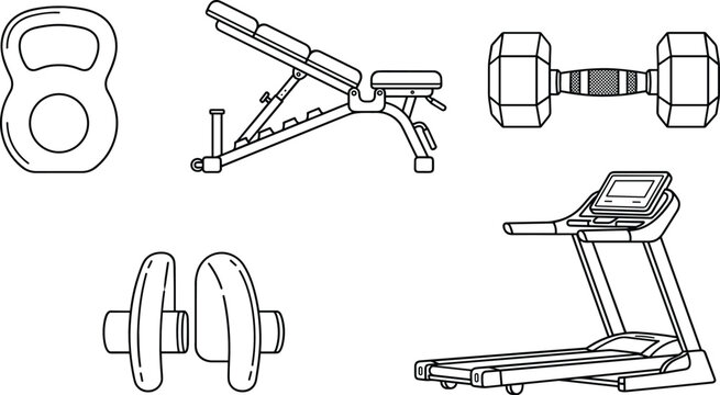 Gym Fitness Equipment Vector Icon Set Featuring Adjustable Workout Bench Treadmill Hex Dumbbell Kettlebell and Ab Roller Line Art Illustrations for Exercise Design (24 words)
