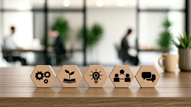 Five wooden hexagon blocks with icons representing process steps on a desk