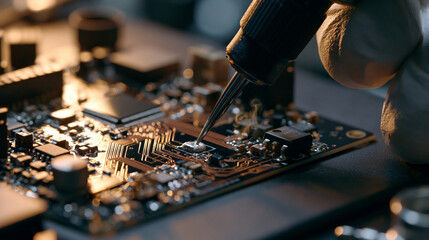 Specialist assembling custom drone flight electronics using a fine-tip soldering iron on an ESD-safe workbench