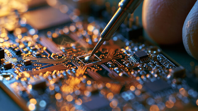 Detailed shot of soldering iron tip applying molten solder to a microchip pad on a high-tech quadcopter PCB assembly