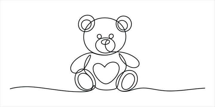 Continuous single line drawing of a cute teddy bear with a heart shape on its belly
