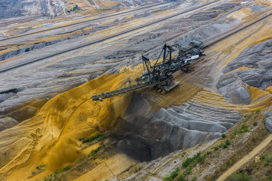 Aerial view of Tagebau Hambach with a large bucket-wheel excavator operating in the open-pit mine, showcasing industrial earth excavation in Elsdorf, Nordrhein-Westfalen, Germany.