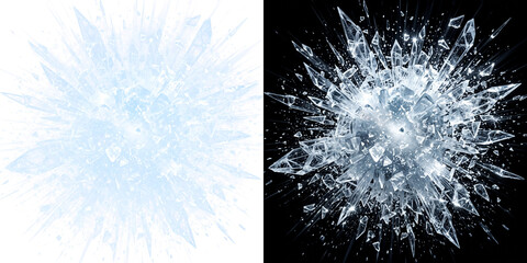 Exploding ice crystals, shattered frozen glass shards, winter blast effect © Vectrology