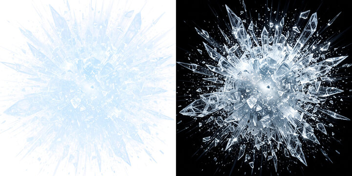 Exploding ice crystals, shattered frozen glass shards, winter blast effect