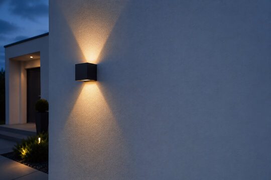 Moderne Au&szlig;enleuchte an minimalistischer Hausfassade bei D&auml;mmerung