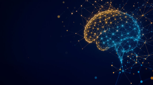 Abstract glowing digital neural network nodes, artificial intelligence and machine learning technology concept, dark corporate background.