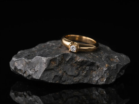 gold ring with small diamond on rough black rock, close up photo, minimalist, high contrast lighting