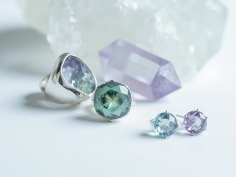 elegant set of aquamarine and amethyst jewelry, silver ring earrings pendant, teal and purple gemstones, close up photo, soft