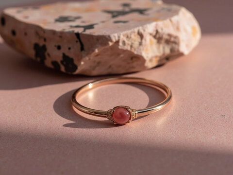 golden ring with round coral stone, close up photo on textured marble background, soft natural light