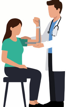 Hand-drawn vector illustration of an orthopedist measuring arm range of motion using a goniometer on a seated female patient in clinical setting