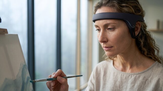 Woman painting on canvas wearing a neurofeedback headband for brain training and focus