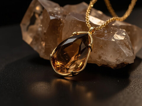 gold teardrop amber citrine pendant on transparent quartz crystal cluster, soft diffused lighting, elegant reflective jewelry