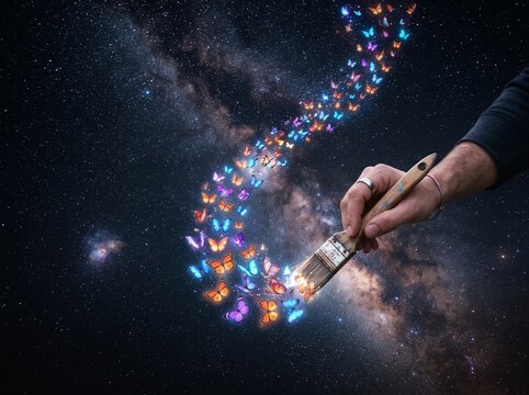 Surreal concept of hand painting a glowing trail of butterflies across the starry night sky