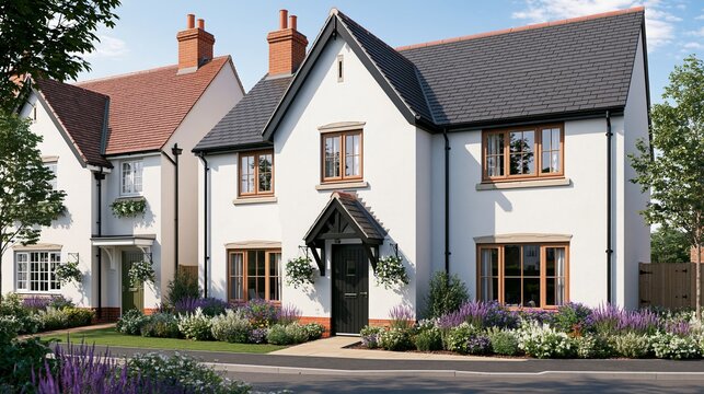 British homes feature wooden casement windows and white exterior walls.