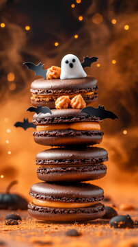 Stacked Halloween Macarons with Ghost and Bat Toppers
