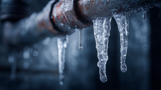 Frozen metal pipe with icicle and drip, showing winter plumbing emergency response and burst pipe risk with water damage threat.