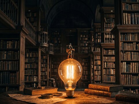 A brilliant idea shines brightly in the heart of a grand, historic library, symbolizing intellectual discovery and the endless pursuit of knowledge among ancient texts