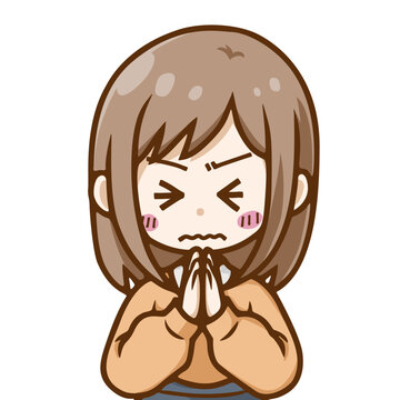 必死にお願いする若い女性のイラスト｜手を合わせて頼み込むデフォルメ人物素材