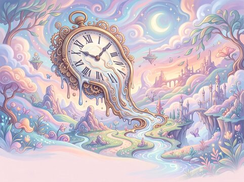 Surreal dreamscape with a melting gold pocket watch flowing into a whimsical fantasy river landscape in pastel colors