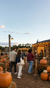 Halloween market with illuminated stalls, decorations, pumpkins, and people shopping