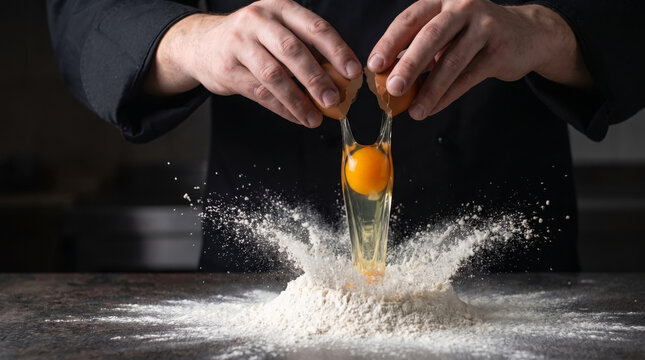 A chef in black cracking an egg into a pile of flour, creating a dynamic splash of white powder