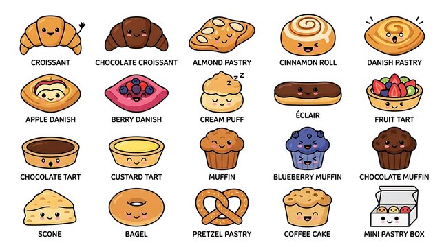 Collection of various colorful pastries and baked goods arranged in a grid pattern