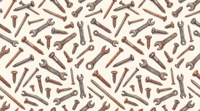 Tools and fasteners scattered on a flat surface for DIY projects and repairs