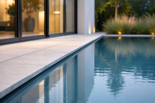 Moderner Swimmingpool an elegantem Wohnhaus mit Terrasse