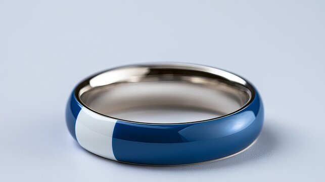 Elegant wedding ring with blue and white stripes sits on a soft gray surface, symbolizing commitment and a modern, understated style for couples