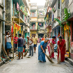 Obraz premium Busy street market with people walking in colorful clothes