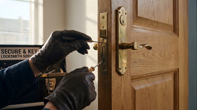Professional locksmith repairing a brass mortise lock on a wooden entry door