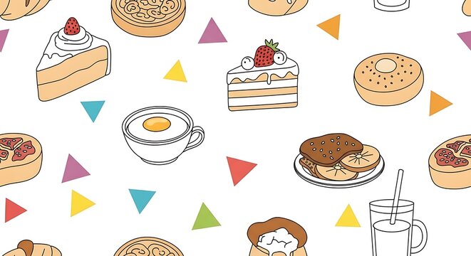 Seamless pattern of breakfast food and desserts with colorful triangles