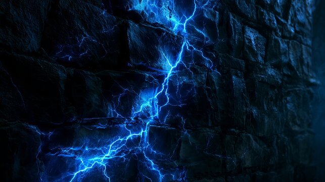 Dark stone wall illuminated with electric blue lightning, conveying power and energy against a shadowy, textured surface, ideal for abstract concept designs