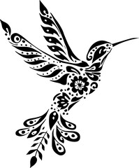 Fototapeta premium SVG cute animal tattoo design, clean vector style. Ornate Black and White Hummingbird Design with Floral Elements