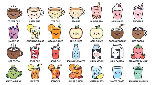 Watercolor painting of various beverages in glass bottles and cups collection