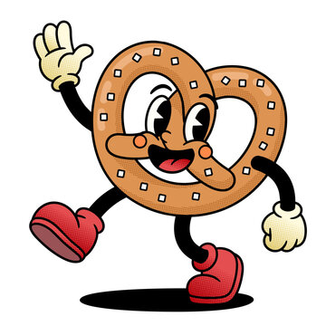 Happy Pretzel Mascot Cartoon Character Walking And Waving On Pink Retro Pop Art Background