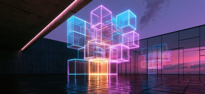 Abstract arrangement of glowing transparent cubes in neon colors, dusk