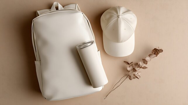 white backpack, hat, tumbler and flower on beige background