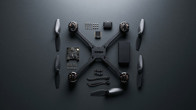 High-angle shot of a complete drone DIY assembly set including carbon fiber chassis, ESC board, motors, and hardware on a sleek dark background