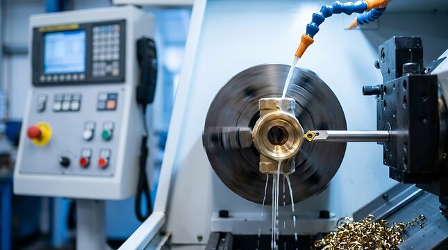 Precision CNC lathe machine cutting metal part, automated manufacturing process with coolant spray, shavings accumulation in factory.