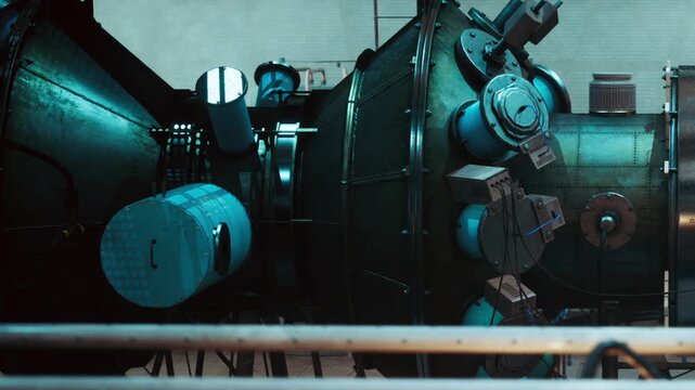 A large metallic machine is shown inside an industrial facility. The machine has various components and is surrounded by metal beams. Bright light falls on the machinery.