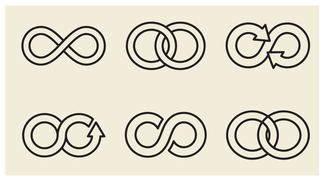 Set of six minimalist line art icons featuring infinity loops and circular linked design patterns on light beige background loop icon linked circles abstract shapes