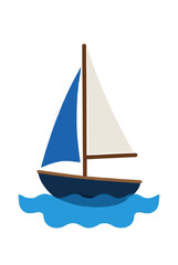 Fototapeta premium Hand-traced vector illustration of a tiny sailboat with blue and white sails gently bobbing on stylized blue ocean waves, perfect for nautical and maritime themed graphic design projects