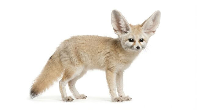 Fennec fox standing alert on white background with large ears and desert-adapted features